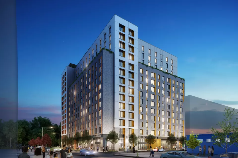 Rendering of 14-story Chestnut Commons building at twilight